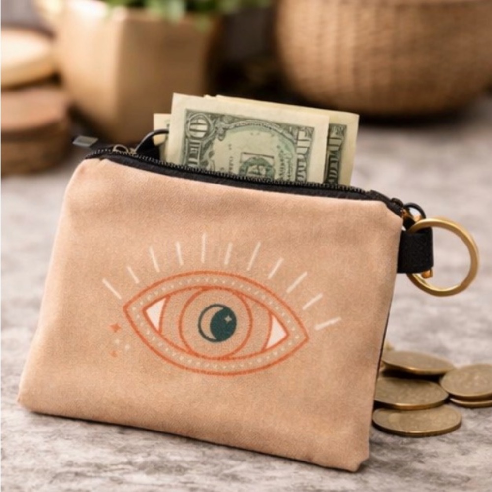 Abstract Evil Eye Coin Pouch Keychain Beige Boho Y2K Minimalist Wallet NEW